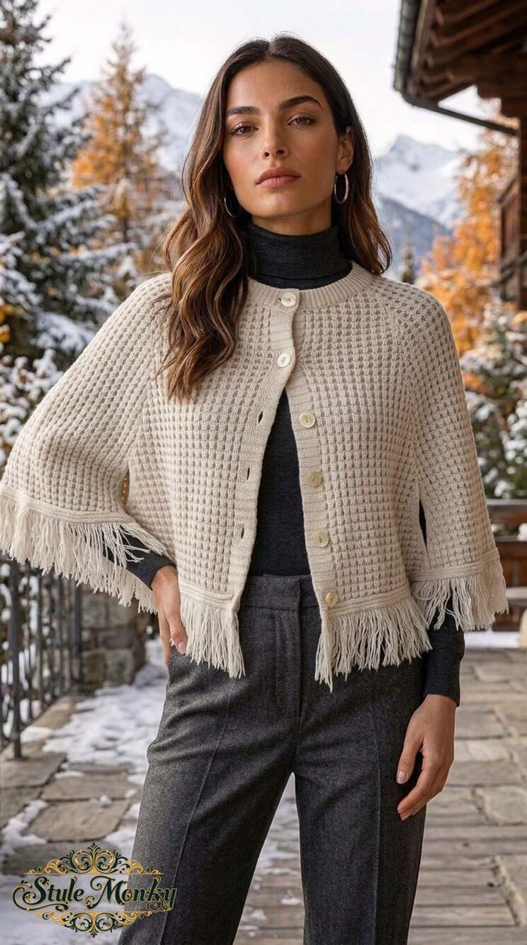 Vintage Button Front Poncho Cape Ivory Knit Fringe